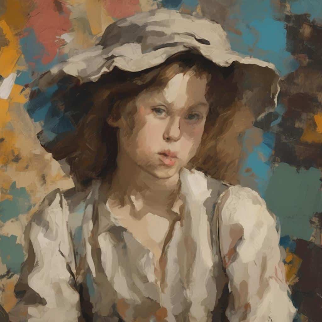 Ανθρώπινο πορτρέτο κοριτσιού με καπέλο, που απεικονίζει το θέμα του χρόνου και του κύκλου στη ζωγραφική τέχνη.