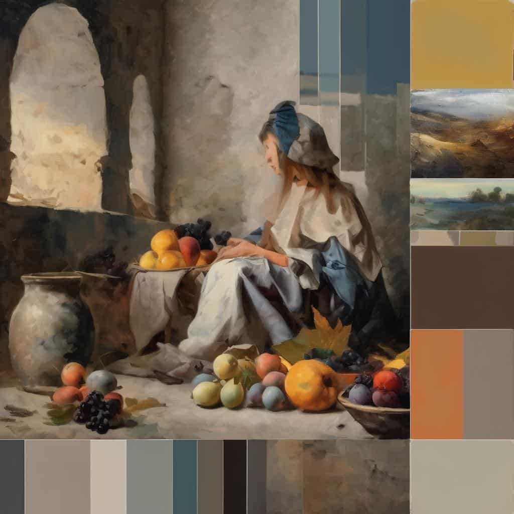 Ανθρώπινη γυναίκα που κάθεται σε τραπέζι με φρούτα, συμβολίζοντας τον κύκλο του χρόνου και τη φύση.